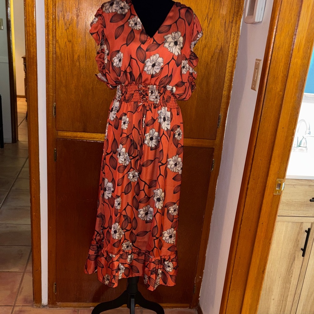Cotton Chicks Ruffle Sleeve Dress in Rust Floral SZ MED - Picture 2 of 12